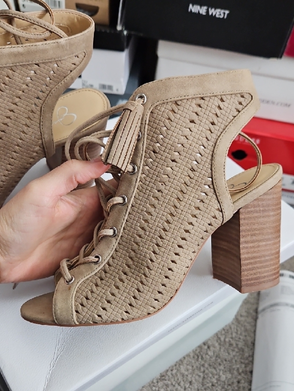 Jessica Simpson Taupe Woven Lace-Up Peep Toe Block Heels - Picture 2 of 4